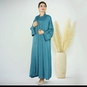 Silk Chic Teal Long Dress, 2 pieces, underneath dress is sleeveless, upper Full